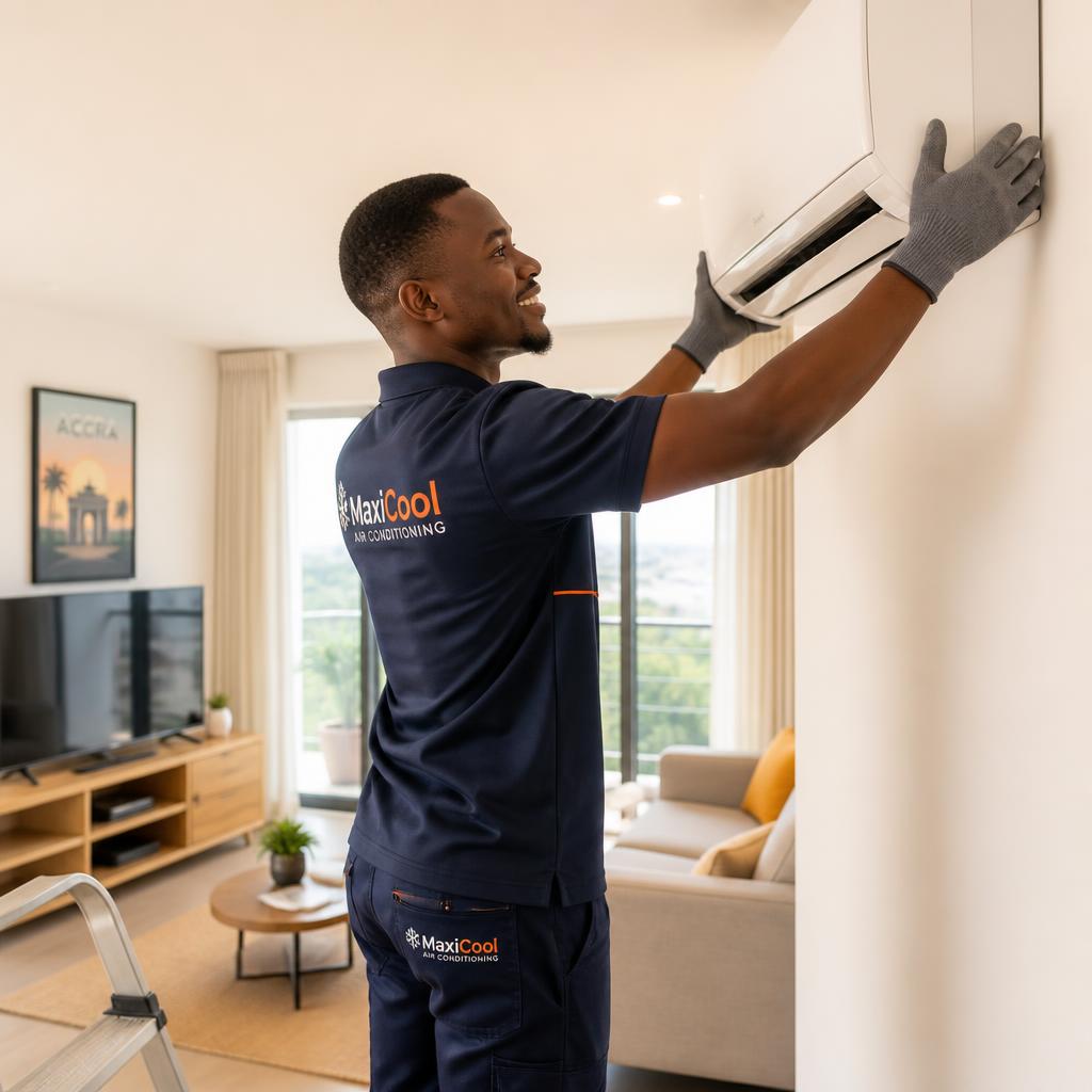 MM Cooling Ghana technician installing AC